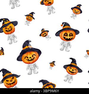 Verspieltes, nahtloses Halloween-Muster mit einem lächelnden Zombie-Kürbis mit Hexenhut, gemalt in fröhlichem Aquarellstil. Perfekt für Kinder, Partydekorationen, Geschenkverpackungen und festliche Designs Stockfoto