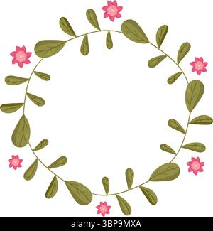 Eleganter Vektor-runder Blumenkranz mit zarten rosa Blumen und üppigen grünen Blättern auf sauberem weißem Hintergrund. Diese vielseitige Illustration ist perfekt für Hochzeitseinladungen und romantische Grußkarten. Stock Vektor