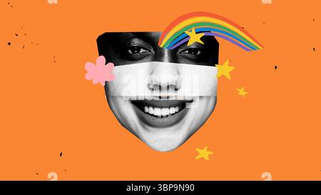 Collage Gesicht aus verschiedenen Personen mit Regenbogen, Sternen und Blumen auf orangefarbenem Hintergrund Stockfoto