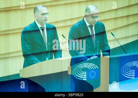 Michal Szczerba während der Plenartagung des Europäischen Parlaments, einer Institution der Europäischen Union, am 21. Mai 2025 in Brüssel in Belgien. Stockfoto