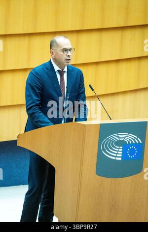 Michal Szczerba während der Plenartagung des Europäischen Parlaments, einer Institution der Europäischen Union, am 21. Mai 2025 in Brüssel in Belgien. Stockfoto