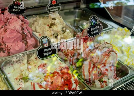 Verschiedene farbige Früchte köstliches Eis in Behältern auf Vitrine zum Verkauf im Sommer Stockfoto