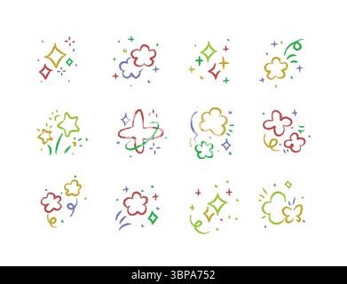 Funkelnder niedlicher handgezeichneter Glitzer, Sterne und Blumenformen entwerfen Ikonen auf weißem Hintergrund. Stock Vektor