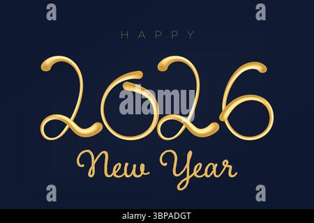 Elegante goldene 3D-Zahlen aus dem Jahr 2026 mit dekorativen Wirbeln und Schriftzug Silvester auf dunklem Hintergrund. Perfekt für festliche Designs. Stock Vektor