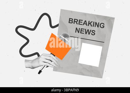 Skizzenbild Trend Grafik 3D Foto Collage von irreführenden Informationen Nachrichten Medien Desinformation Handmikrofon Werkzeug bricht Nachrichten Zeitung Stockfoto