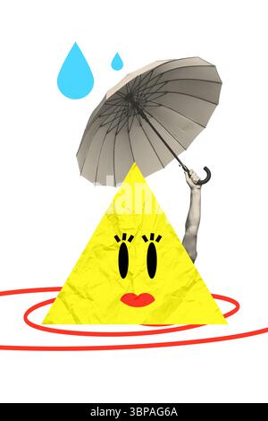 Skizze Bild Artwork Composite 3D Foto Collage von Social Media Chat Emoticon lustiges Gesicht Dreiecksform Hand halten Regenschirm schützen Tropfen Stockfoto