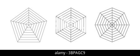 Pentagon-, Sechseck-, Achteckdiagramme. Sammlung von Vorlagen für Radarspinnen. Spider Mesh. Satz leerer Radardiagramme. Flache Webdiagramme für Statistik Stock Vektor