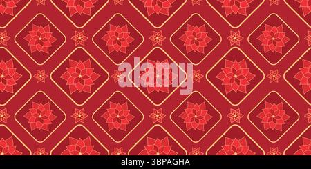 Geometrisches Muster für das chinesische Neujahr mit Blumen. Vektor Luxus Happy Chinese New Year Muster, rote und goldene Farben. Lunar Chinese Muster für Stock Vektor