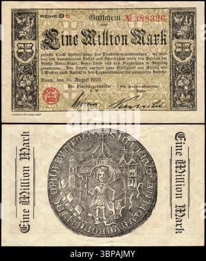 1 Million Mark Notgeld-Banknote, ausgegeben am 10. August 1923 in Bonn, Deutschland, während der Periode der Hyperinflation. Die Rückseite zeigt eine Nachbildung des Bonner Stadtsiegels aus dem 14. Jahrhundert mit mittelalterlichen Architekturbildern und einer zentralen Heiligen Figur. Stockfoto