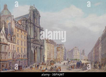 Blick auf die Rue Saint-Antoine, Paris, 1884, von Carlo Bossoli. Dieses detailgetreue Gemälde fängt die lebhafte urbane Atmosphäre des Paris aus dem 19. Jahrhundert mit belebten Straßen, Pferdekutschen, Fußgängern und der beeindruckenden Architektur der Kirche Saint-Paul-Saint-Louis, die die Szene dominiert, ein. Stockfoto