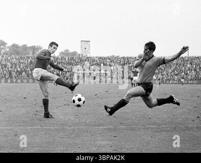 60er Jahre, Sport, Fußball, Regionalliga West, 1965/1966, rot-Weiss Essen vs. Sportfreunde Hamborn 07 0-0, 12.09.1965, Stadion an der Hafenstraße in Essen, Spielort, Herbert Weinberg (RWE) links und Werner Kapusziok (07) Stockfoto