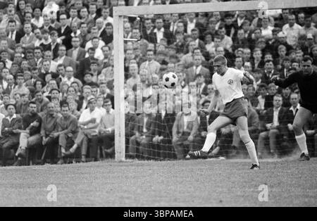 60er Jahre, Sport, Fußball, Regionalliga West, Regionalliga Südwest, 1965/1966, Aufstiegsspiel zur Bundesliga 1966/1967, Rot-Weiss Essen gegen 1. FC Saarbrücken 3-2, 08.06.1966, Stadion an der Hafenstraße in Essen, Spielort, Manfred Frankowski (RWE) links und Torhüter Hermann Ross (RWE) Stockfoto