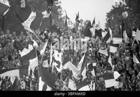 60er Jahre, Sport, Fußball, Regionalliga West, Regionalliga Südwest, 1965/1966, Aufstiegsspiel zur Bundesliga 1966/1967, Rot-Weiss Essen gegen 1. FC Saarbrücken 3:2, 08.06.1966, Stadion an der Hafenstraße in Essen, Zuschauer und Fußballfans freuen sich über ein geschossenes RWE-Tor Stockfoto