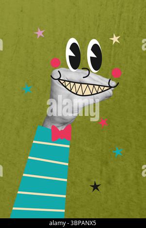 Trendiges 3D Poster Bild Foto Collage von Hand Show Emoji sprechen Geste zeigt Symbol Smiley Kommunikation gefälschte Nachrichten Propaganda Stockfoto