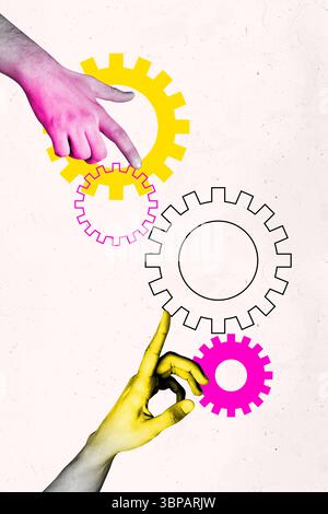 Zine Banner vertikale Fotocollage menschlicher Hände Punktgetriebe Optimierung Zahnradmechanismus Entwicklung Karriere Stockfoto
