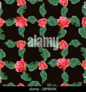 Rote Granatapfelblüten und grüne Blätter auf schwarzem Hintergrund. Nahtloses Aquarellmuster. Handgemaltes elegantes botanisches Design, perfekt für Stoff Stockfoto