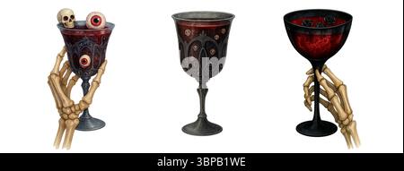 Halloween Kelche Trio – Skelett Hände mit Spooky Red Drinks mit Augäpfeln und Schädeln Stockfoto