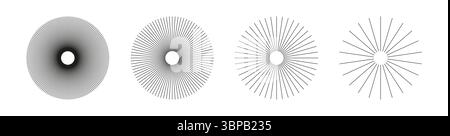 Radiale Kreislinien. Symbol der Sonnensterne. Speichen mit strahlendem Streifengitter. Set von kreisförmigen Linienelementen. Flaches Designelement. Abstrakt Stock Vektor