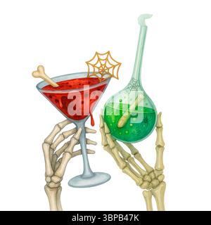 Halloween-Trank-Set – Skelett-Hände mit blutigem Cocktail und grünem Elixier Stockfoto