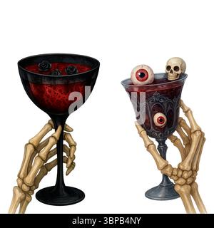 Halloween Cocktail Duo – Skeletthände, die blutige Getränke mit Augäpfeln und Schädeln halten Stockfoto