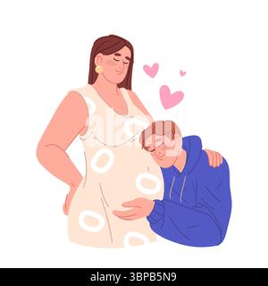 Vater umarmt Baby-Bump. Vektorschwangere Mutter wartet auf Kind. Paarvorausschauung und familiäre Unterstützung während des Mutterschaftszeichens. Elternschaftsplanung und liebevolle Bindung. Mann und Frau warten auf Baby. Stock Vektor