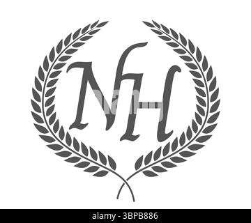 Anfangsbuchstaben N und H, NH-Monogramm-Logo mit Lorbeerkranz. Luxuriöses Emblem mit Kalligraphie-Schriftart. Stock Vektor