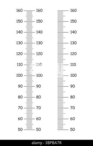 Größentabellen für Kinder von 50 bis 160 Zentimetern. Vorlage für Wandhöhenmesser auf weißem Hintergrund. Messwand oder Wachstumslineal. Satz von Stock Vektor