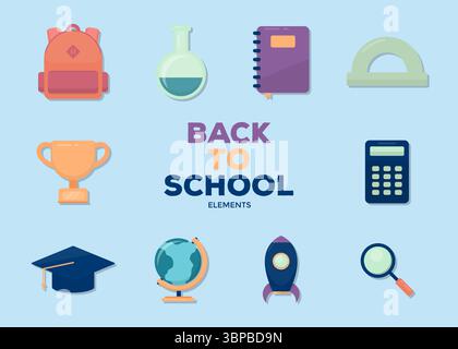 Design-Element „Back to School“ auf blauem Hintergrund. Illustration mit flachem Symbol im Schulstil Stock Vektor