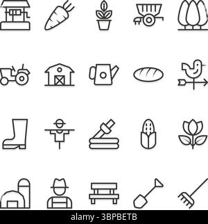 Kontursymbole für Landwirtschaft, Landwirtschaft und Gartenbau Stock Vektor