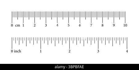 Satz von Messdiagrammen mit 10 Zentimetern und 4 Zoll. Sammlung von Vorlagen Lineale werden mit Zahlen skaliert. Nähwerkzeug. Längenmessung mathematisch Stock Vektor