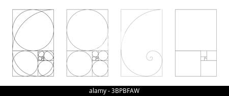 Vorlagensatz Golden Ratio. Ausgewogene, harmonische Proportionen. Goldener Abschnitt. Fibonacci-Array, Zahlen. Umrissene Vektordarstellung. Stock Vektor