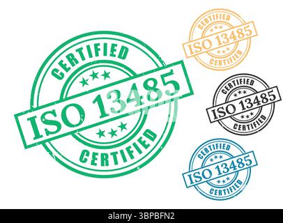 ISO 13485-zertifiziertes Stempelvektorset, Qualitätslabel für medizinische Geräte Stock Vektor