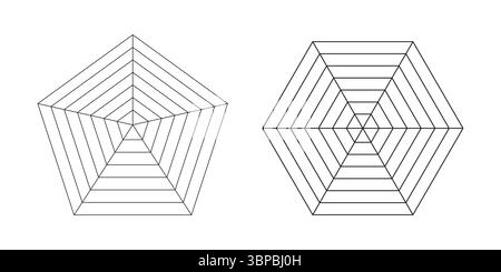 Pentagon- und Sechskant-Radar, Spider-Diagramm-Vorlage. Spider Mesh. Polygondiagramme. Diagramm für Statistik und Analyse. Leere Radardiagramme. Einfach Stock Vektor
