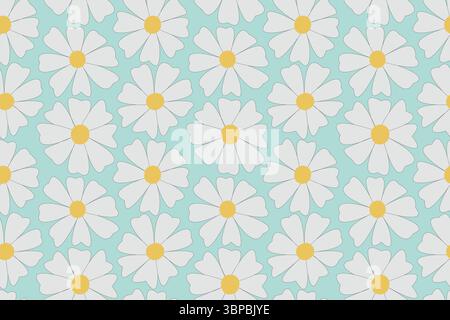 Ein nahtloses Muster mit Camomiles. Ein blau-weißer floraler Hintergrund. Eine Zeichentrickdarstellung mit einem Gänseblümchen-Ornament-Hintergrund. Stock Vektor