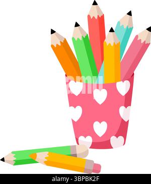 Pinker Bleistifthalter mit bunten Bleistiften und Herzdesign Stock Vektor
