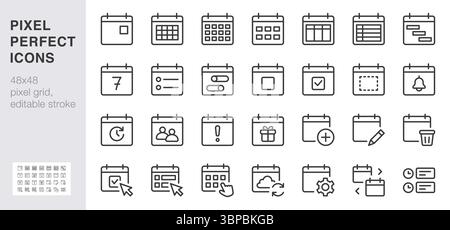 Symbolgruppe für Kalenderzeile. Monatsansicht, Agenda, Ereignisbearbeitung, Erinnerungen, Synchronisierung minimaler Vektorabbildungen. Einfache Umrissschilder für Planer und Stock Vektor