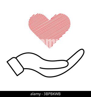 Die Hand hält ein Scribble-Herz. Vektorabbildung, die eine offene schwarze Hand zeigt, die sanft ein hellrotes Kritzelherz darüber stützt. Stock Vektor