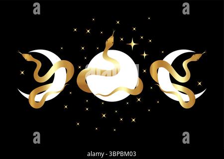 Himmelsgöttin und mystische heilige Schlangen, Grenzrahmen, Wicca-Banner-Schild. Dreifacher Mond heidnisches Wiccan-Symbol, Boho-Stil, goldener Luxusvektor Stock Vektor