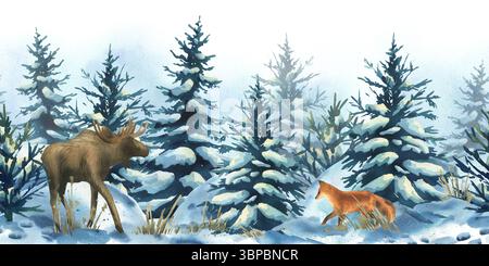 Winterliche Waldgrenze mit handbemalten Elchen und Fuchs zwischen verschneiten Bäumen. Ideal für Kindermotive, Geschenkverpackungen und Verpackungen mit winterlichen Motiven Stockfoto
