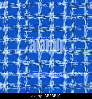 Abstraktes, kariertes, nahtloses Muster. Weiße, sich kreuzende Wellenlinien auf blauem Hintergrund. Minimalistischer Texturvektor-Hintergrund. Geometrisches Criss-c Stock Vektor