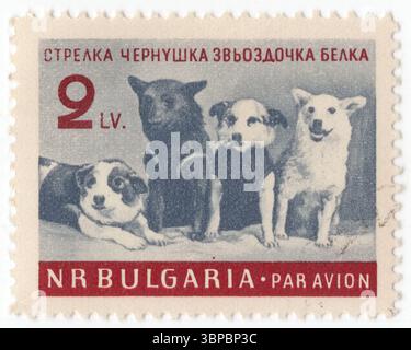 BULGARIEN — 28. Juni 1961: 2 Lewa-Schiefer und dunkle Carmin Air Post-Stempel, die sowjetische Weltraumhunde darstellen. In den 1950er und 1960er Jahren setzte das sowjetische Raumfahrtprogramm Hunde für suborbitale und orbitale Raumflüge ein, um festzustellen, ob eine menschliche Raumfahrt durchführbar ist. In dieser Zeit startete die Sowjetunion Missionen mit Passagierplätzen für mindestens 57 Hunde, die wenigen, die starben, verloren meist durch technische Fehler. Eine bemerkenswerte Ausnahme ist Laika, das erste Tier, das in den Orbit geschickt wurde, dessen Tod während der Mission Sputnik 2 vom 3. November 1957 von Anfang an erwartet wurde Stockfoto