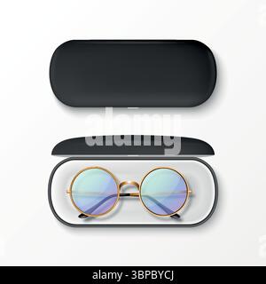 Vector 3D realistische runde Sonnenbrille mit goldenem Metallrahmen, hartes schwarzes Gehäuse, isoliert. Vintage-Brillen in offener und geschlossener Schutzhülle. Design Stock Vektor
