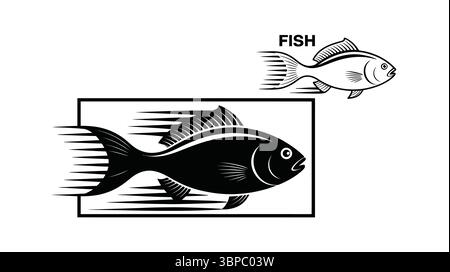 Zwei stilisierte Schwarz-weiß-Fischabbildungen, eine mit Bewegungslinien und einem quadratischen Gestaltungselement Stock Vektor
