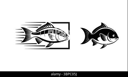 Zwei stilisierte Schwarz-weiß-Fischabbildungen, eine mit Bewegungslinien und einem quadratischen Gestaltungselement Stock Vektor