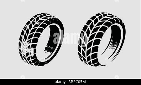 Zwei Reifenspuren in Schwarz-weiß, von denen eine auf weißem Hintergrund Abnutzung zeigt Stock Vektor
