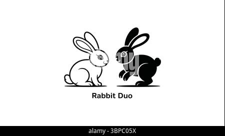 Eine schwarz-weiße Illustration, die ein detailliertes Kaninchen und eine Kaninchensilhouette auf weißem Hintergrund zeigt Stock Vektor