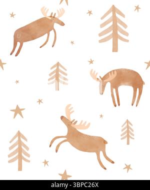 Nahtloses Vektormuster Mit Niedlichem Moos. Handgezeichneter endloser Druck mit Elch, Sternen und Bäumen auf weißem Hintergrund im infantilen Stil. Waldtiere. Stock Vektor