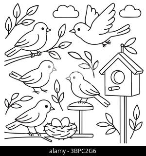 Vögel nisten und fliegen um das Vogelhaus Stock Vektor