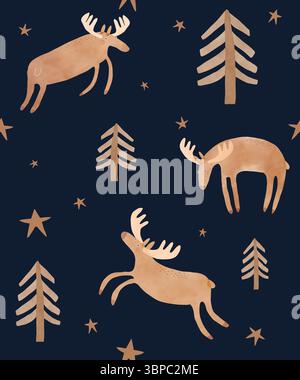 Nahtloses Vektor-Muster mit niedlichem Moos.infantile Art Hand gezeichnet endloser Druck mit Elch, Sternen und Bäumen auf einem dunkelblauen Hintergrund.Waldtier. Stock Vektor