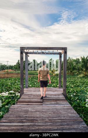 Rückansicht eines jungen Mannes, der auf einer Holzbrücke in Lotus läuft, Seerose blüht im Sumpf auf dem Garten. Eine friedliche und heitere Szene mit einem Mann, der die genießt Stockfoto